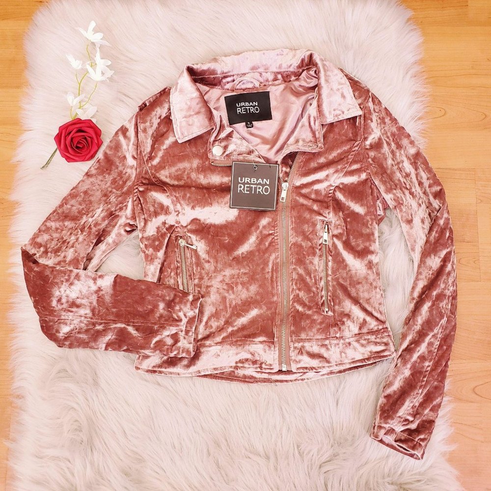 New Urban Retro Pink Velour Bomber Jacket Silk Sma - Picture 10 of 10